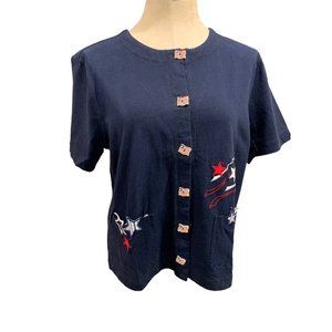 Large Onque Casuals American Flag Buttton Short Sleeve Women's Top